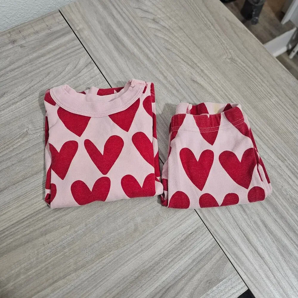 Hanna Andersson Pajama Set Pink Red Heart Print Valentines Long Sleeve Girls 4